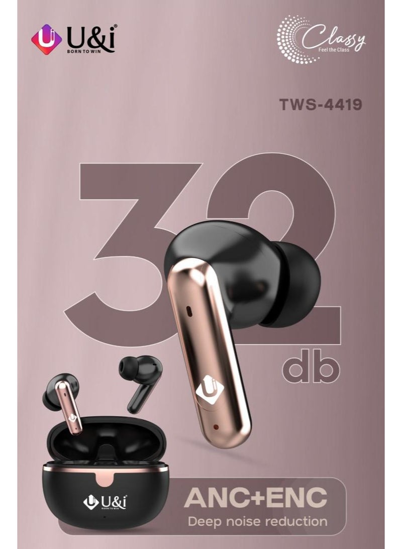 يو اند اي سماعات أذن لاسلكية يو آند آي TWS-4419 Classy - عزل ضوضاء ANC+ENC، 60 ساعة تشغيل، بلوتوث 5.4، مايكروفون رباعي، مقاومة للماء IPX4، تأخير 60ms - Image 4