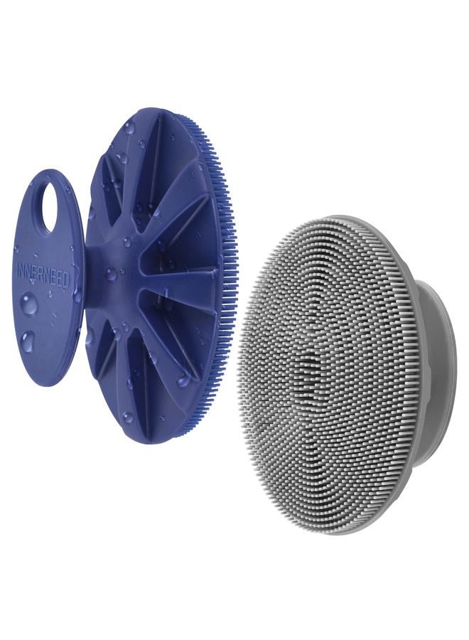 Innerneed Silicone Face Exfoliating Brush Manual Handheld Facial Cleansing Scrubber Blackhead Remover, Food-Grade Soft Bristle (Dark Blue+Gray) - Image 1