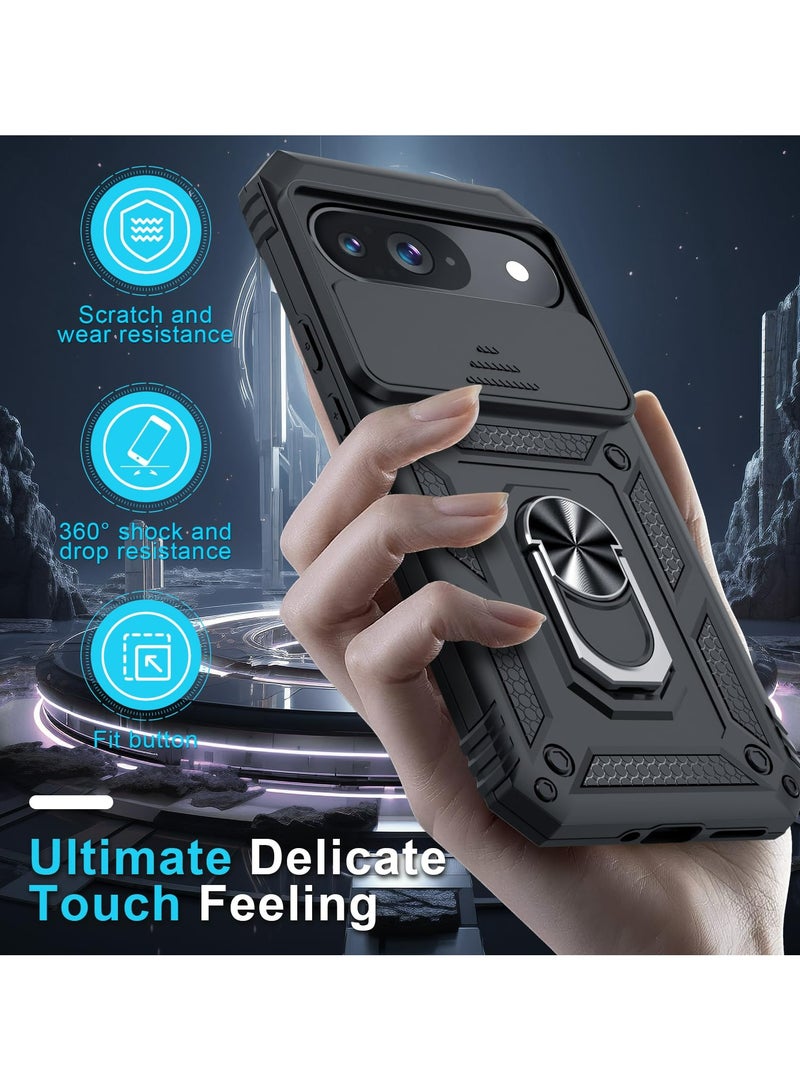 Case Cover for Google Pixel 9 / 9 Pro / 10 / 10 Pro, Slide Camera Lens Cover + 360°Rotating Kickstand Ring + Support Magnetic Car Mount Shockproof Mobile Phone Case For Google Pixel 9/9 Pro, Black - Image 4