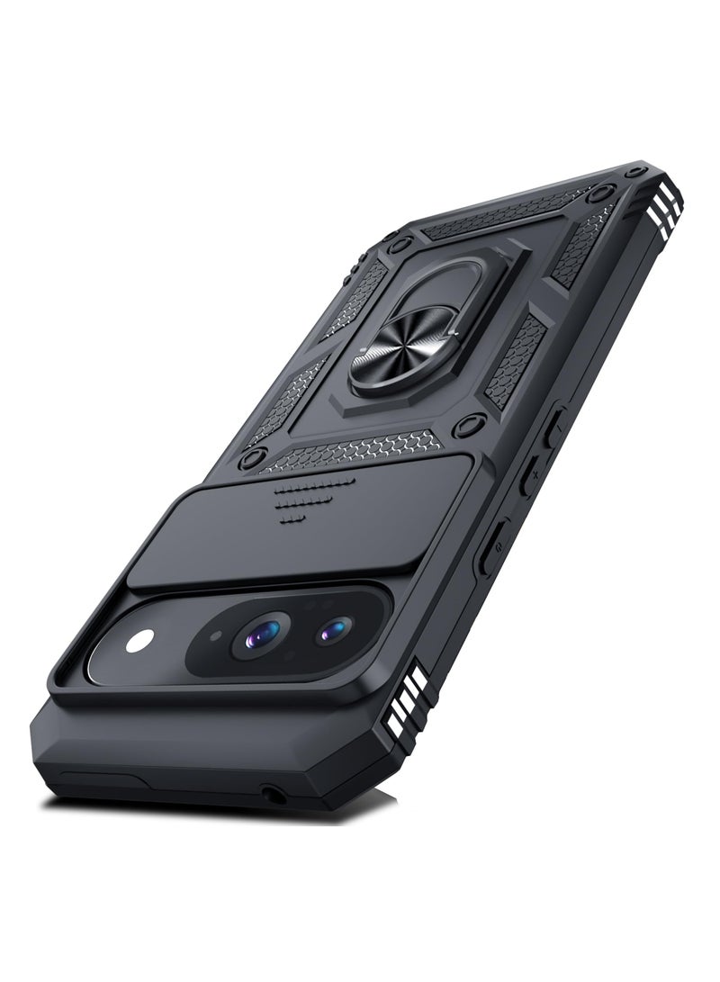 Case Cover for Google Pixel 9 / 9 Pro / 10 / 10 Pro, Slide Camera Lens Cover + 360°Rotating Kickstand Ring + Support Magnetic Car Mount Shockproof Mobile Phone Case For Google Pixel 9/9 Pro, Black - Image 1