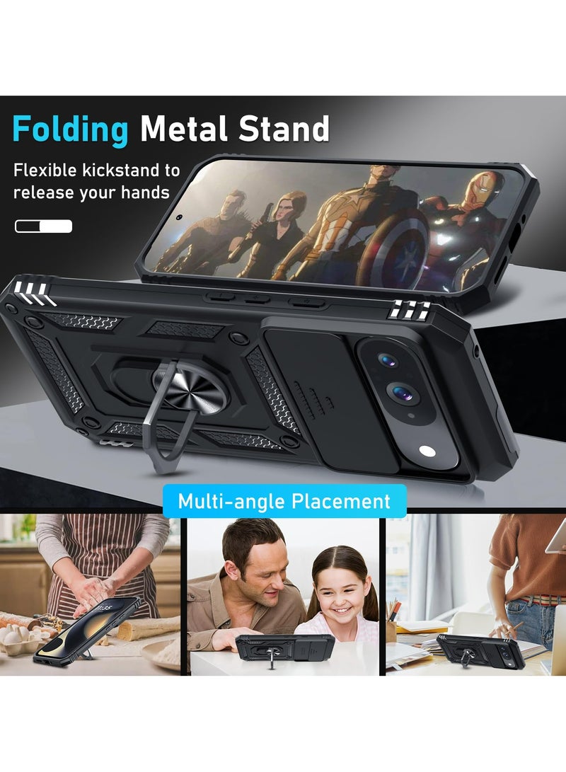 Case Cover for Google Pixel 9 / 9 Pro / 10 / 10 Pro, Slide Camera Lens Cover + 360°Rotating Kickstand Ring + Support Magnetic Car Mount Shockproof Mobile Phone Case For Google Pixel 9/9 Pro, Black - Image 2