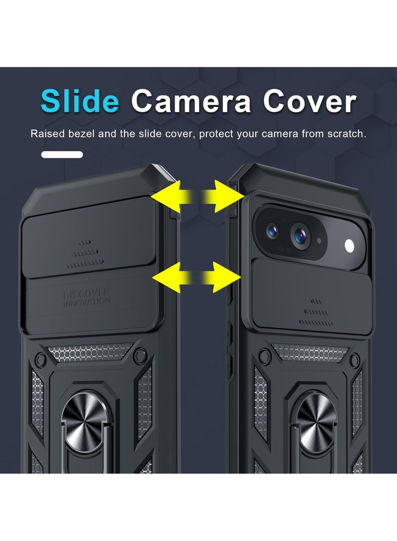 Case Cover for Google Pixel 9 / 9 Pro / 10 / 10 Pro, Slide Camera Lens Cover + 360°Rotating Kickstand Ring + Support Magnetic Car Mount Shockproof Mobile Phone Case For Google Pixel 9/9 Pro, Black - Image 3