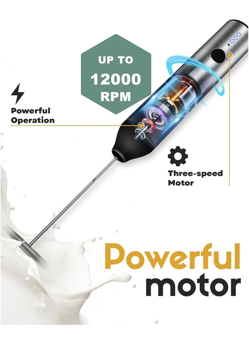 Zarra Traders Electric Milk Frother & Coffee Mixer  2-in-1 | 3-Speed Rechargeable Handheld Foam Maker, Stainless Steel Whisk for Latte, Cappuccino, Nescafe, Matcha & Hot Chocolate - Image 3