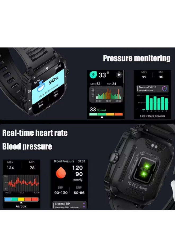 Muyixin ساعة ذكية مقاومة للماء 3ATM شاشة IPS 1.96" عسكرية KT71 للرجال 100+ وضع رياضي معدل ضربات القلب ضغط الدم مكالمة بلوتوث - Image 5