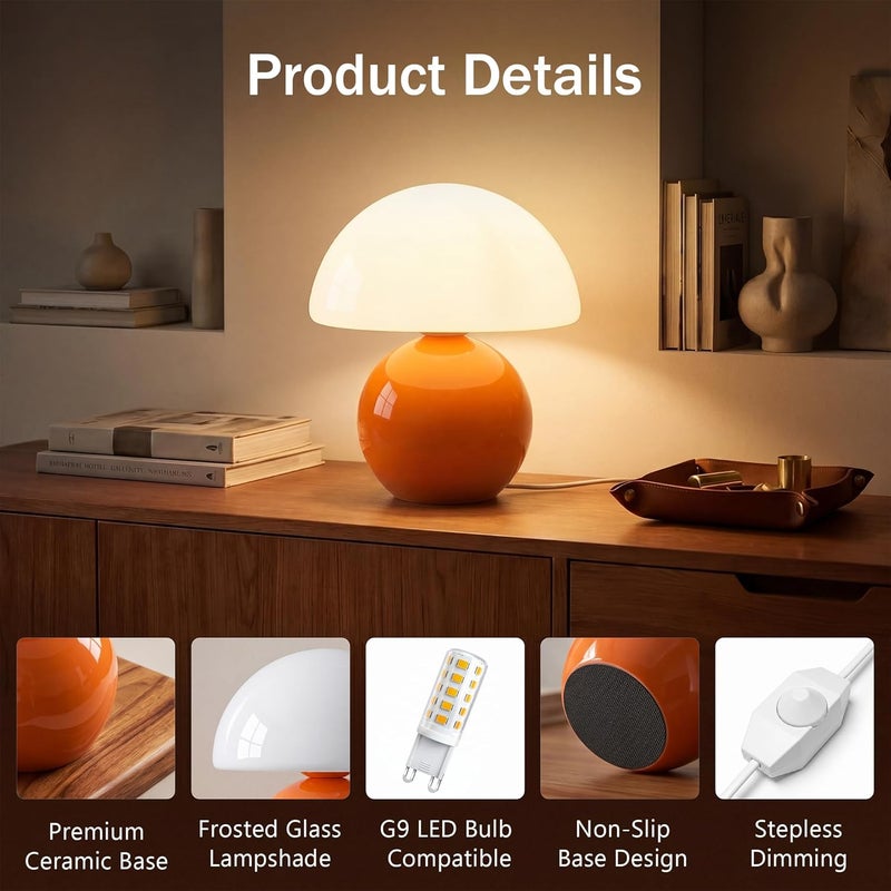 Dawnwake Mushroom Lamp Small Lamp, Table Bedside Nightstand Lamp for Bedroom, Cute Mini Modern Lamp Dimmable, Unique Aesthetic Home Decor for Living Room Girl Gifts, Ceramic Base Glass Lamp(Orange) - Image 4