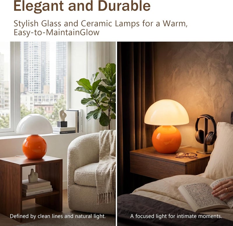 Dawnwake Mushroom Lamp Small Lamp, Table Bedside Nightstand Lamp for Bedroom, Cute Mini Modern Lamp Dimmable, Unique Aesthetic Home Decor for Living Room Girl Gifts, Ceramic Base Glass Lamp(Orange) - Image 3