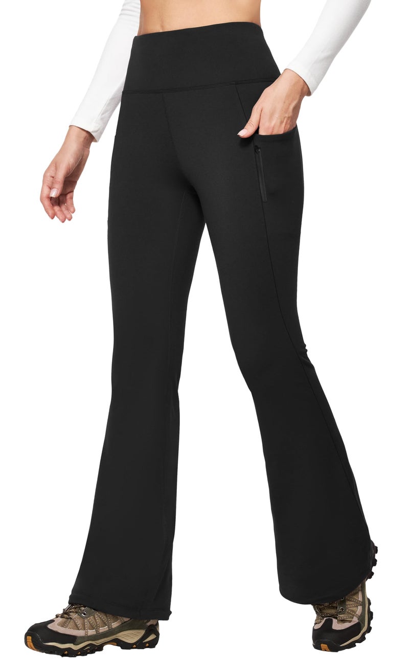 IUGA Fleece Lined Pants Women Water Resistant Hiking Pants Winter Flare Leggings with Pockets Bootcut Thermal Black - Image 2