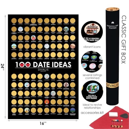Divalis 100 Dates Scratch off Bucket List - Scratching Adventure Couple Things to Do Poster Scratchable Motivational Archievements Checklist, Black and Gold, L - Image 3