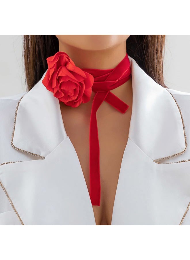 Asphire Artificial Flower Choker Necklace Long Wrap Velvet Necklace Vintage Large Flower Collar Tie Necklace Prom Party Statement Accessories for Women (Red) - Image 5