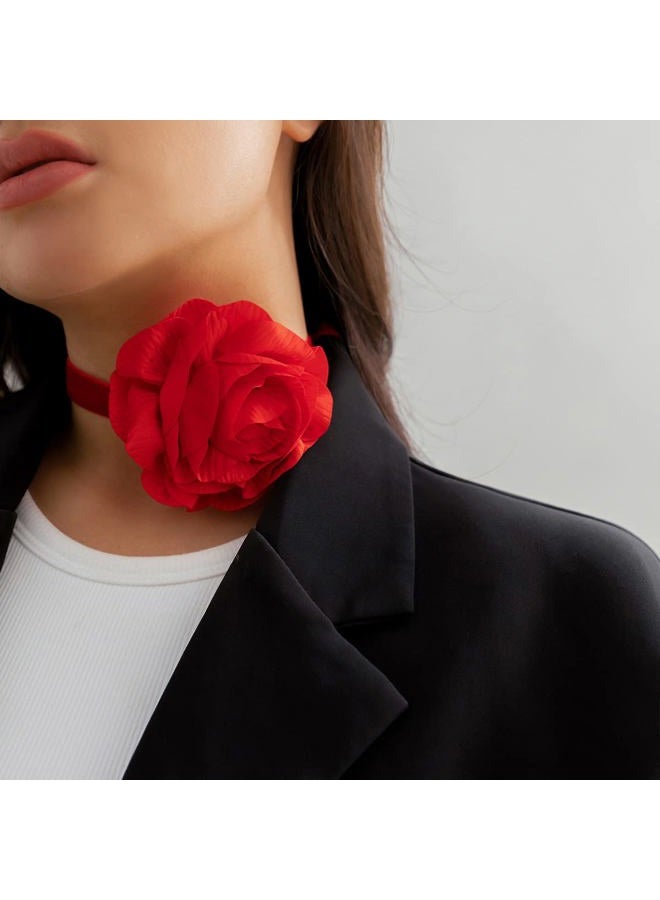 Asphire Artificial Flower Choker Necklace Long Wrap Velvet Necklace Vintage Large Flower Collar Tie Necklace Prom Party Statement Accessories for Women (Red) - Image 4