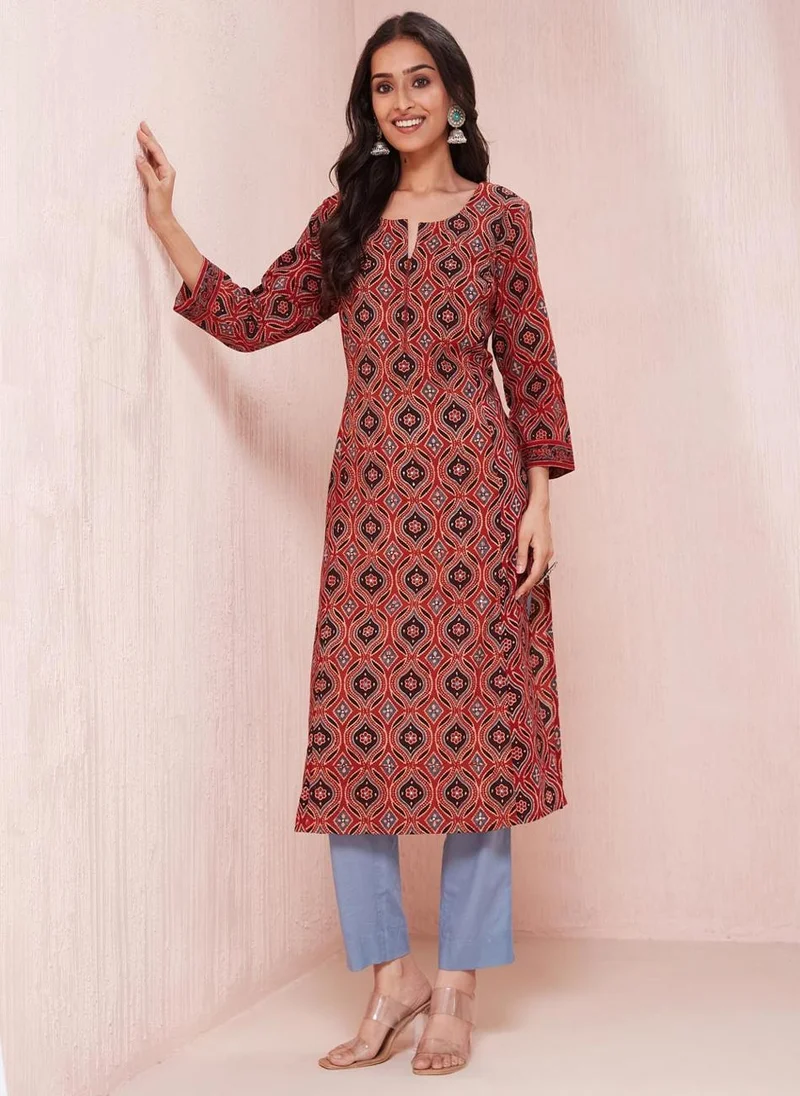 Fabindia Maroon Cotton Ajrakh Printed Slim Fit Long Kurta