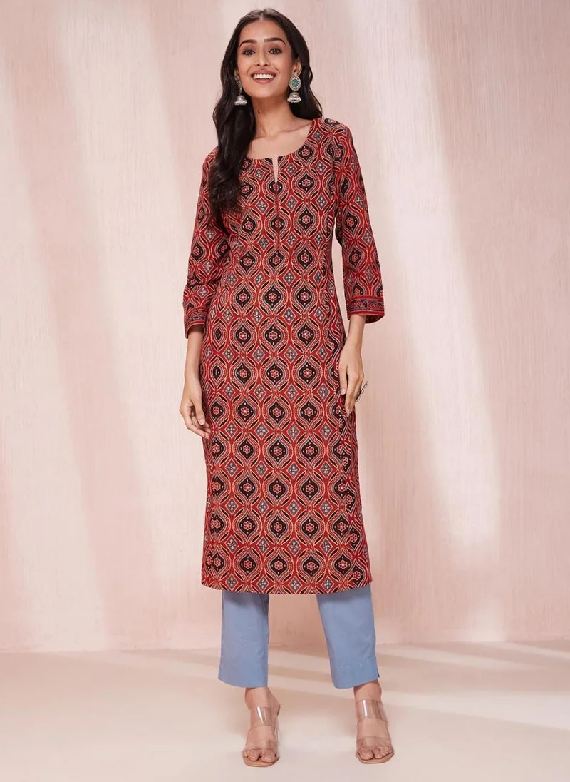 Fabindia Maroon Cotton Ajrakh Printed Slim Fit Long Kurta