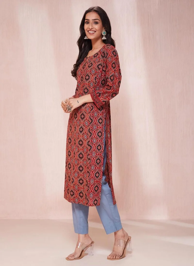 Fabindia Maroon Cotton Ajrakh Printed Slim Fit Long Kurta