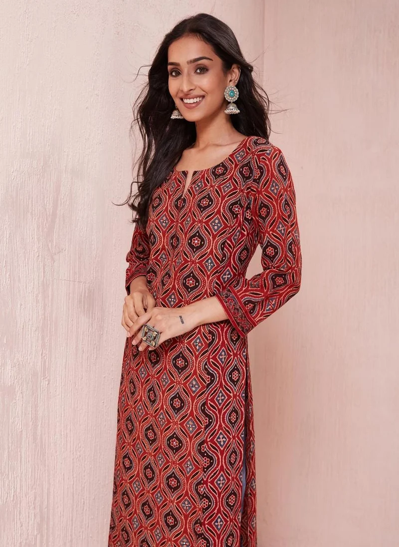 Fabindia Maroon Cotton Ajrakh Printed Slim Fit Long Kurta