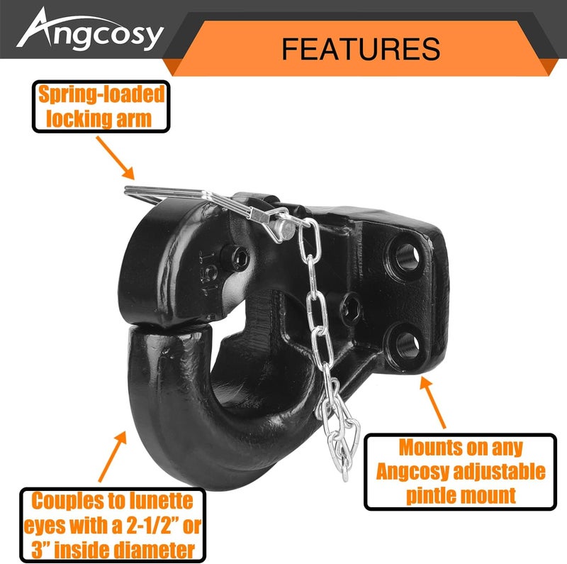 ANGCOSY 15-Ton Pintle Hook Trailer Hitches Receiver Hook for 2-1/2 Inch Lunette Ring with Mounting Kit, 30000 lbs - Image 4
