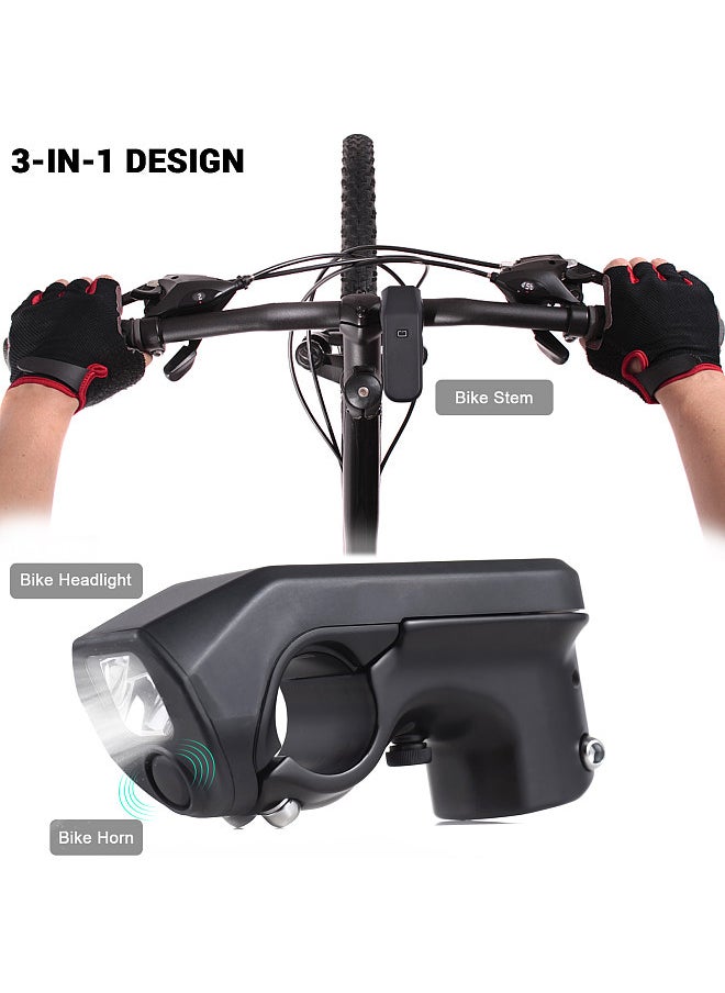 31.8mm Bike Stem 3-in-1 USB Rechargeable Bicycle Handlebar Stem with LED Headlight and Electronic Horn