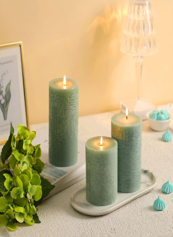 HILUMIDA Sage Green Pillar Candles Set of 3 - Hand-Poured Unscented Candles,Smokeless Dripless Candles for Dinner Table and Home, Set of 3 in Different Sizes (3"x4", 3"x5", 3"x6") - Image 3