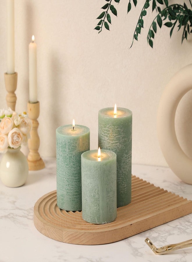 HILUMIDA Sage Green Pillar Candles Set of 3 - Hand-Poured Unscented Candles,Smokeless Dripless Candles for Dinner Table and Home, Set of 3 in Different Sizes (3"x4", 3"x5", 3"x6") - Image 2