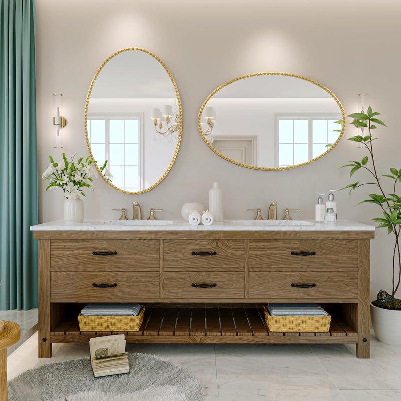 JIINGYO Gold Oval Bathroom Mirror, 20x30 Inch Floral Oval Mirrors for Wall, Antique Gold Metal Floral Frame Mirrors for Bedroom Living Room Hallway, Hangs Horizontally or Vertically - Image 4