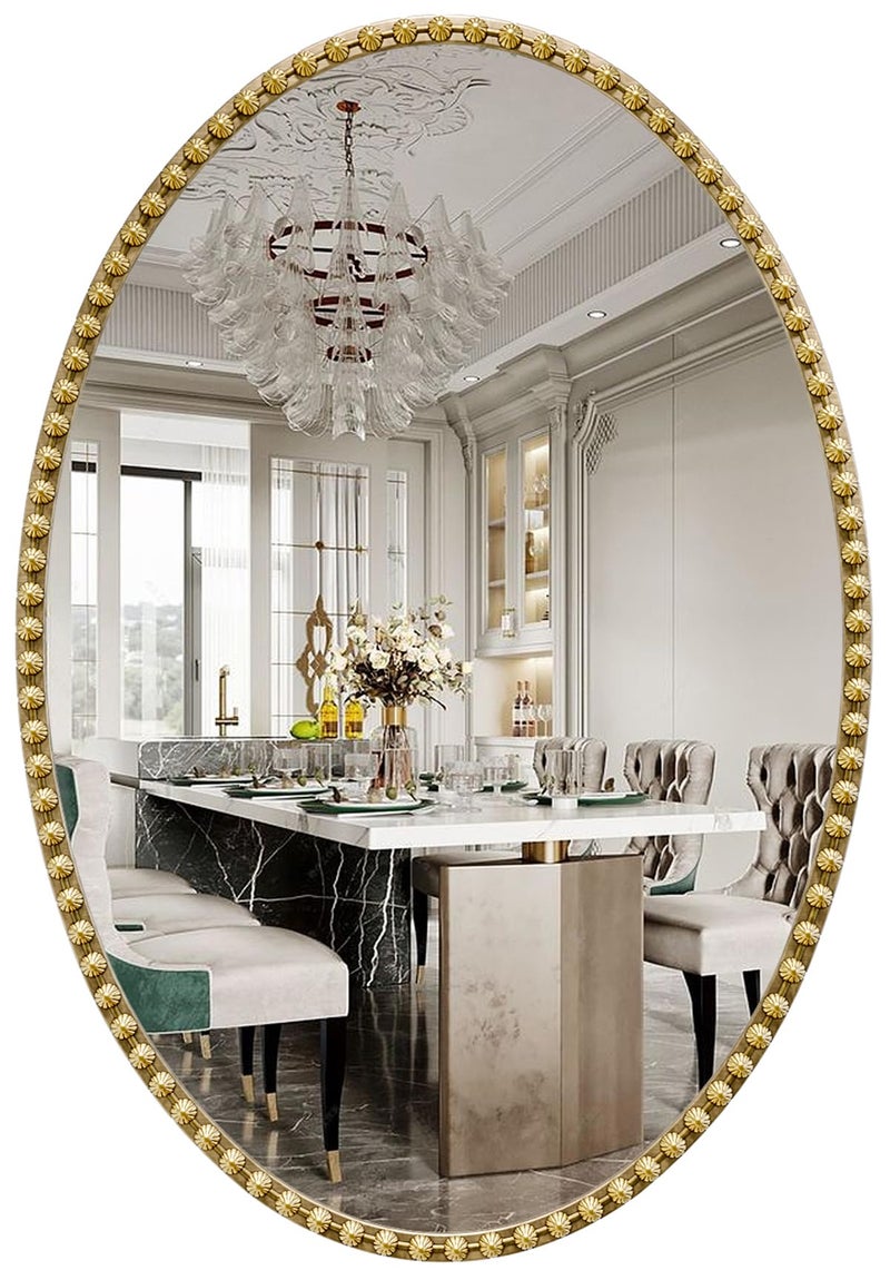 JIINGYO Gold Oval Bathroom Mirror, 20x30 Inch Floral Oval Mirrors for Wall, Antique Gold Metal Floral Frame Mirrors for Bedroom Living Room Hallway, Hangs Horizontally or Vertically - Image 1