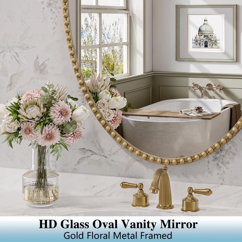 JIINGYO Gold Oval Bathroom Mirror, 20x30 Inch Floral Oval Mirrors for Wall, Antique Gold Metal Floral Frame Mirrors for Bedroom Living Room Hallway, Hangs Horizontally or Vertically - Image 3