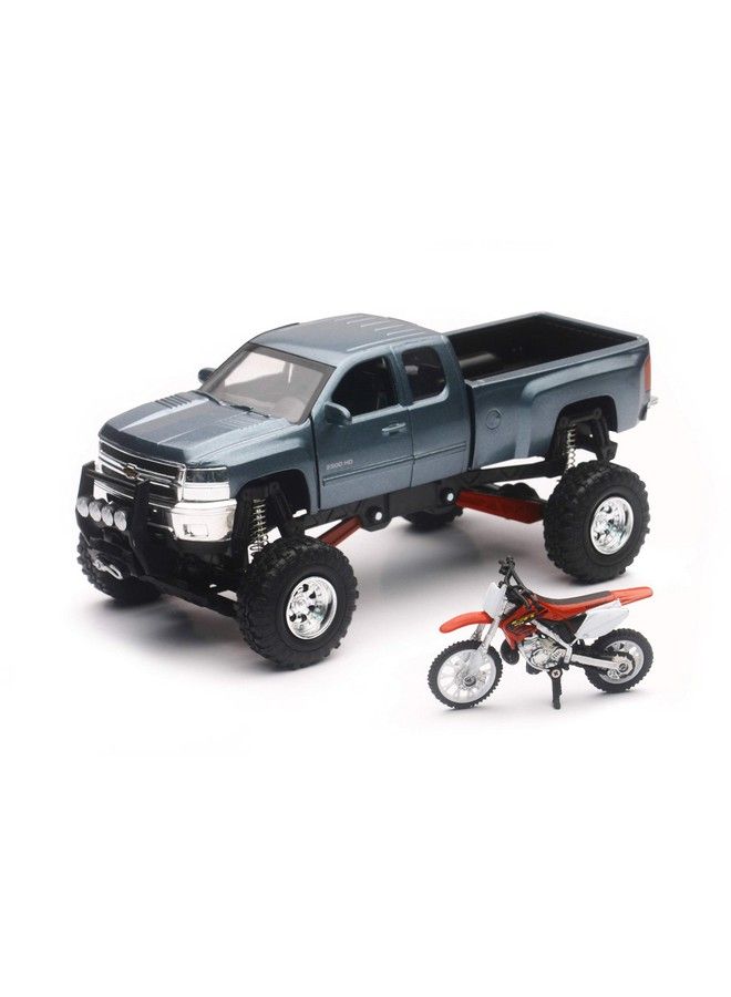 New-Ray Chevrolet 4X4 Gray Silverado Pickup Truck W/Working Suspension And Honda Dirt Bike - Image 2