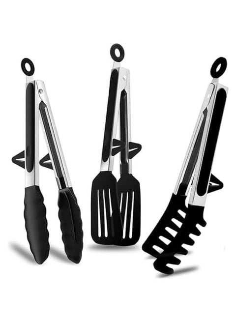 Kitchen Tongs, 12 Inch Tongs for Cooking with Silicone Tips, Food Grade Small Silicone Tongs, Mini Serving Tongs for Nonstick Pans, BBQ, Salad, Set of 2, Black, (85-02)