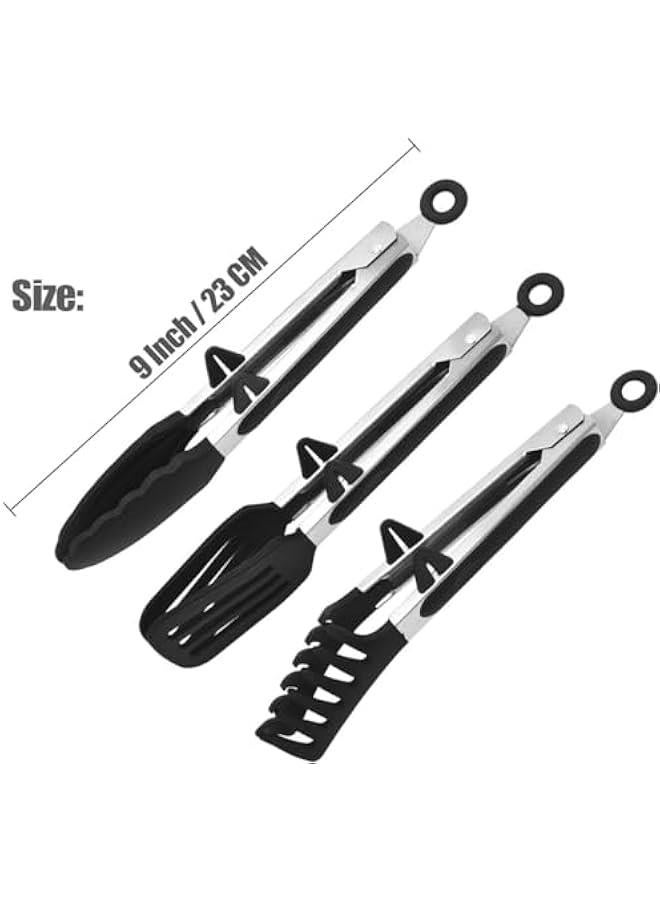 Kitchen Tongs, 12 Inch Tongs for Cooking with Silicone Tips, Food Grade Small Silicone Tongs, Mini Serving Tongs for Nonstick Pans, BBQ, Salad, Set of 2, Black, (85-02)