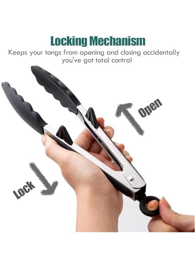 Kitchen Tongs, 12 Inch Tongs for Cooking with Silicone Tips, Food Grade Small Silicone Tongs, Mini Serving Tongs for Nonstick Pans, BBQ, Salad, Set of 2, Black, (85-02)