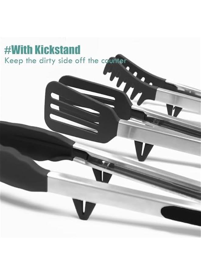 Kitchen Tongs, 12 Inch Tongs for Cooking with Silicone Tips, Food Grade Small Silicone Tongs, Mini Serving Tongs for Nonstick Pans, BBQ, Salad, Set of 2, Black, (85-02)