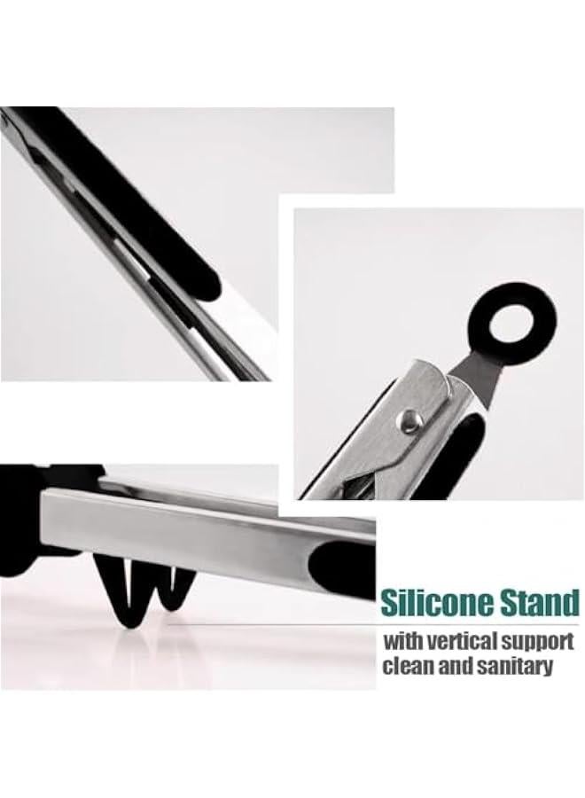 Kitchen Tongs, 12 Inch Tongs for Cooking with Silicone Tips, Food Grade Small Silicone Tongs, Mini Serving Tongs for Nonstick Pans, BBQ, Salad, Set of 2, Black, (85-02)