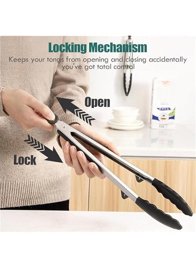 Kitchen Tongs, 12 Inch Tongs for Cooking with Silicone Tips, Food Grade Small Silicone Tongs, Mini Serving Tongs for Nonstick Pans, BBQ, Salad, Set of 2, Black, (85-02)
