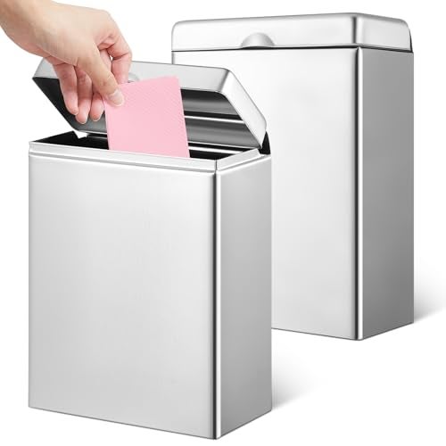 Tioncy Sanitary Napkin Receptacle Tampon Disposal Bin Wall Mounted Tampon Holder Stainless Steel Sanitary Napkin Disposal Bins for Home Office Public Restrooms BathroomNatural Color 2 Pcs - Image 1