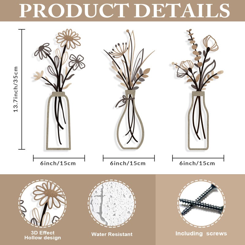 Pigort 3 Pieces Metal Flowers Wall Arts - Rustic Farmhouse Style DÃ©cor Metal Wall Art Black Minimalist Flower Natural Themed Wall Decors for Home Bedroom Dining Room Housewarming (Brown) - Image 2