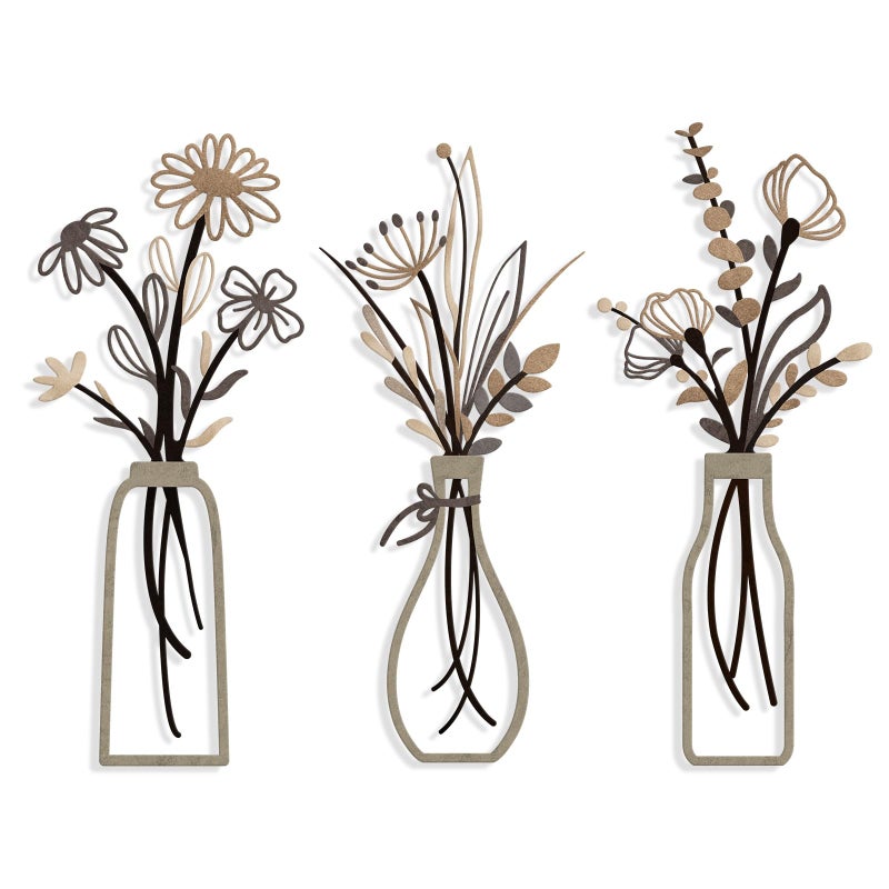 Pigort 3 Pieces Metal Flowers Wall Arts - Rustic Farmhouse Style DÃ©cor Metal Wall Art Black Minimalist Flower Natural Themed Wall Decors for Home Bedroom Dining Room Housewarming (Brown) - Image 1