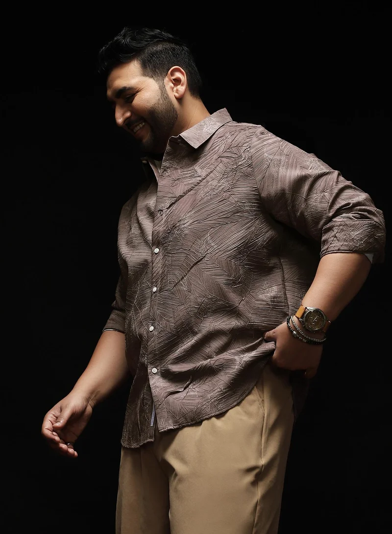 انستافاب بلس Instafab Plus Men's Grey Twig-Imprint Foliage-Tactile Shirt | Spread Collar , Long Cuffed Sleeves , Button Closure , Curved Hemline | Botanical-Print Textured Polyester Blend For Street & Casual Wear