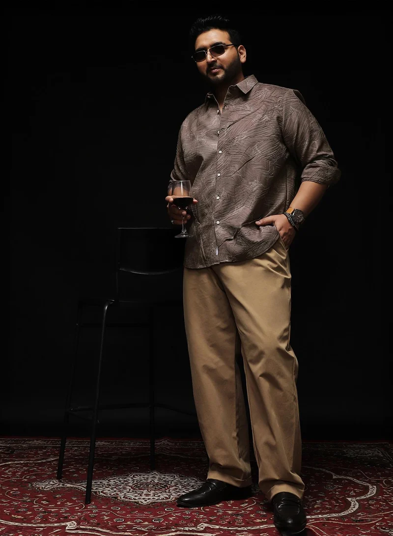انستافاب بلس Instafab Plus Men's Grey Twig-Imprint Foliage-Tactile Shirt | Spread Collar , Long Cuffed Sleeves , Button Closure , Curved Hemline | Botanical-Print Textured Polyester Blend For Street & Casual Wear