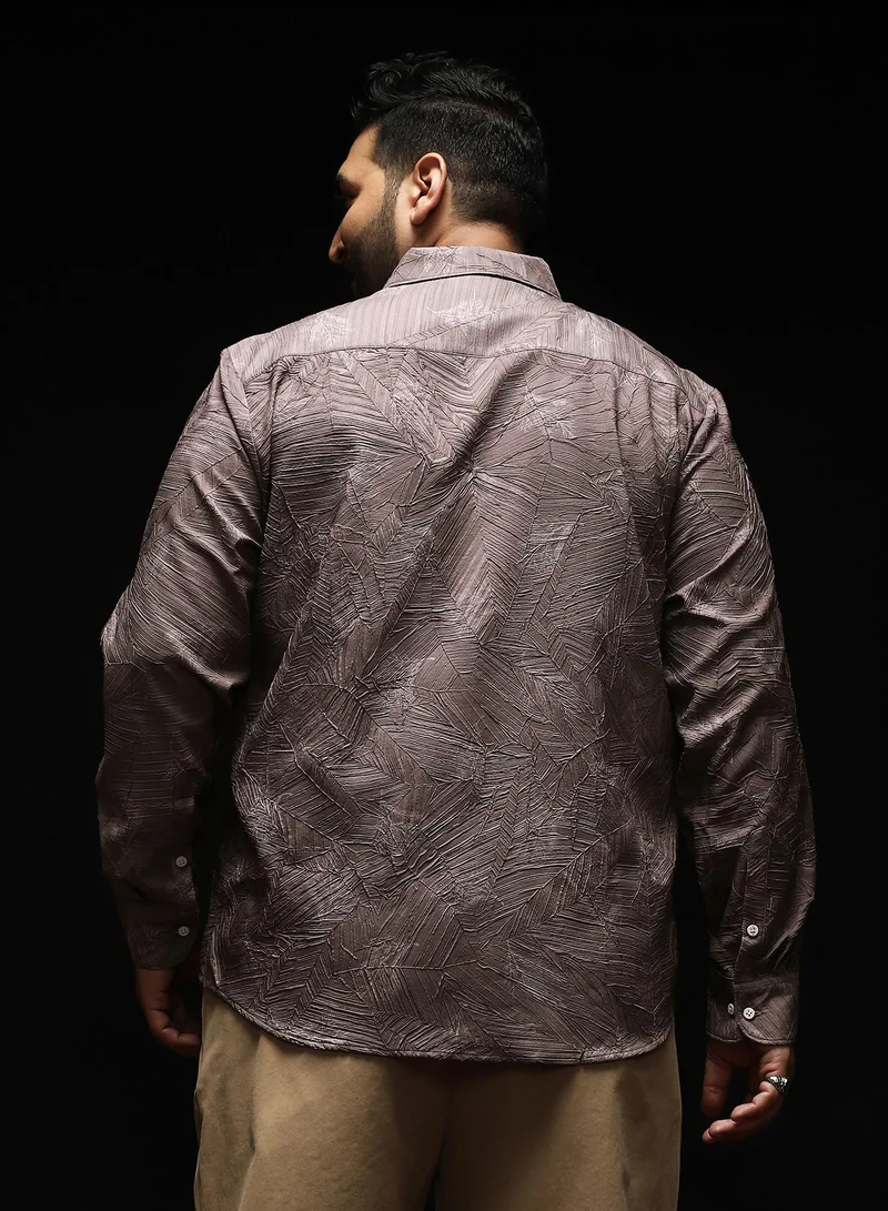 انستافاب بلس Instafab Plus Men's Grey Twig-Imprint Foliage-Tactile Shirt | Spread Collar , Long Cuffed Sleeves , Button Closure , Curved Hemline | Botanical-Print Textured Polyester Blend For Street & Casual Wear
