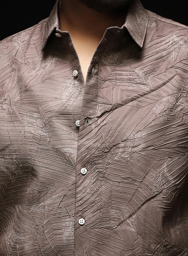 انستافاب بلس Instafab Plus Men's Grey Twig-Imprint Foliage-Tactile Shirt | Spread Collar , Long Cuffed Sleeves , Button Closure , Curved Hemline | Botanical-Print Textured Polyester Blend For Street & Casual Wear