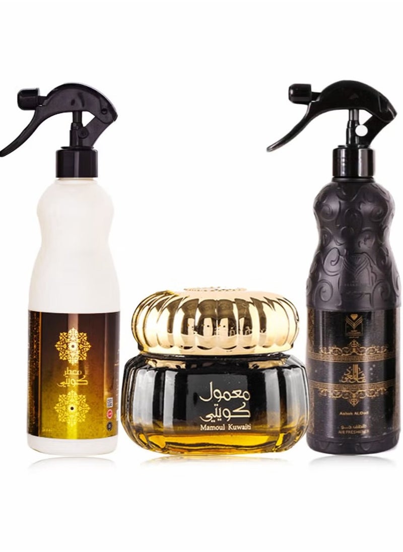 الماس للعطور 3قطع معمول كويتي 60جرام ومعطر عاشق العود 480 مل ومعطر كويتي 480 مل 