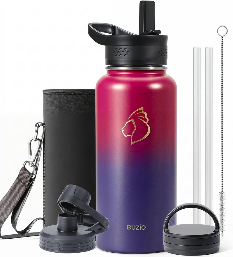 BUZIO 32 oz Water Bottle Insulated with Straw 3 lid and Carrying Pouch Leak Proof AntiSlip Stainless Steel Water Flask Jug Cold for 48 Hrs Double Vacuum Thermo Canteen Pearlescent Red Black - Image 2