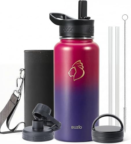 BUZIO 32 oz Water Bottle Insulated with Straw 3 lid and Carrying Pouch Leak Proof AntiSlip Stainless Steel Water Flask Jug Cold for 48 Hrs Double Vacuum Thermo Canteen Pearlescent Red Black - Image 1
