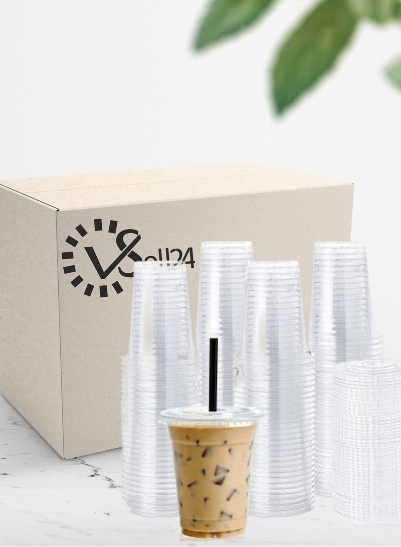 كوب بلاستيكي للشرب للاستعمال مرة واحدة سعة 12 أونصة لأكواب عصير الماء والقهوة مع غطاء مقبب شفاف - Image 1