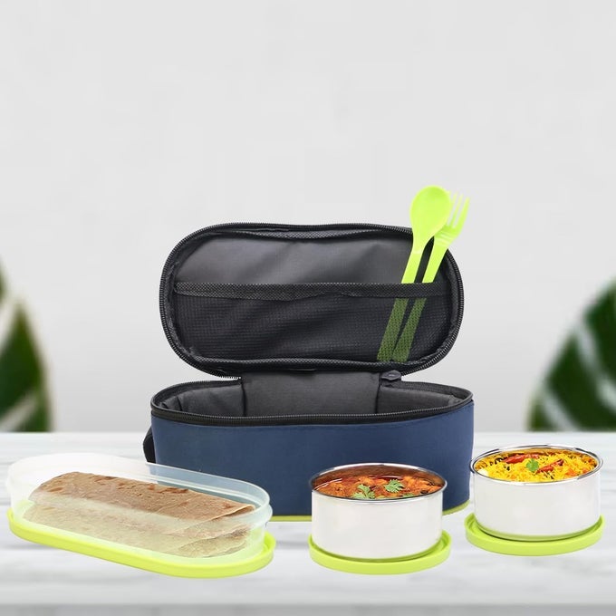 OFFICE MATE LUNCH BOX 2 STEEL CONTAINER 1 PLASTIC OVAL CONTAINER SPOONS WITH LUNCH BAG COMPLETE MEAL SET IDEAL FOR OFFICE COLLEGE OUTDOOR GREEN 1000ML