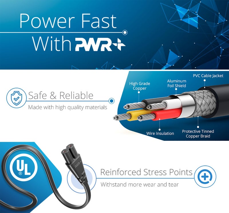PWR+ Tv Power Cord 12Ft Cable for Samsung LG TCL Sony: Apple Tv Insignia Sharp Toshiba JVC Hisense 4k 8k UHD Crystal Tizen Smart Roku Google Quantum Panasonic HDR LED QLED 2 Prong UL Listed - Image 4