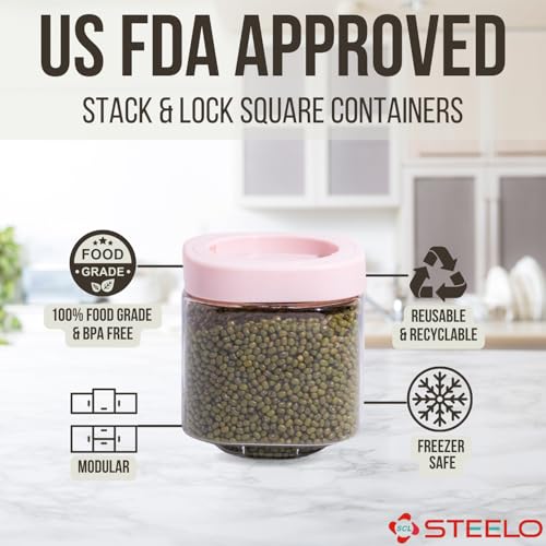 SCL Steelo Steelo Stack & Lock Plastic Kitchen Storage Square Container Set - Air Tight, Fridge safe, US FDA Approved, PET Food Grade Heavy Duty Material, BPA Free (Clear, 600 ml, Pack of 4) - Image 3