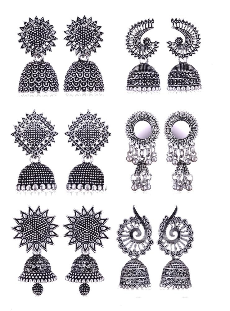 MEENAZ Traditional Oxidised Silver Jhumka Earrings Set for women girls woman fashion jhumkas meenakari oxidized kundan Temple South Indian Ear rings stylish Small Jhumki Combo pack of 6 pairs -1245 - Image 1