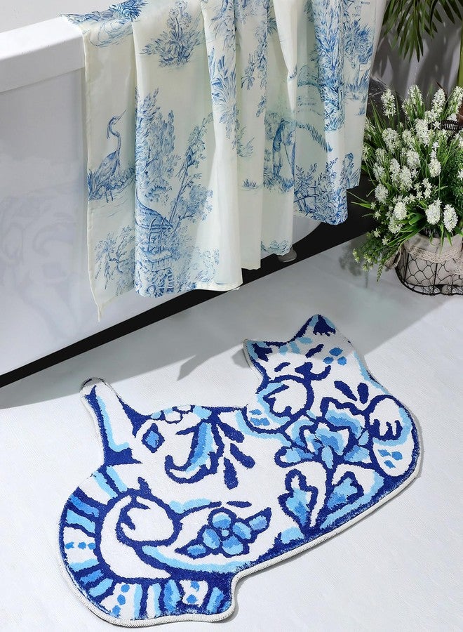 Tinideya Delft Cat Shape Bath Rug Cat Shaped Bathroom Mat 23" x 32" Rugs for Home Decor Cute Soft Tufted Mats Non Slip Absorbent Floor Carpet for Bedroom Porch Kitchen(Blue) - Image 1