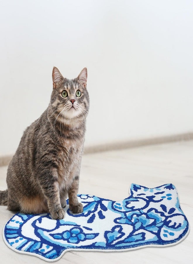 Tinideya Delft Cat Shape Bath Rug Cat Shaped Bathroom Mat 23" x 32" Rugs for Home Decor Cute Soft Tufted Mats Non Slip Absorbent Floor Carpet for Bedroom Porch Kitchen(Blue) - Image 5