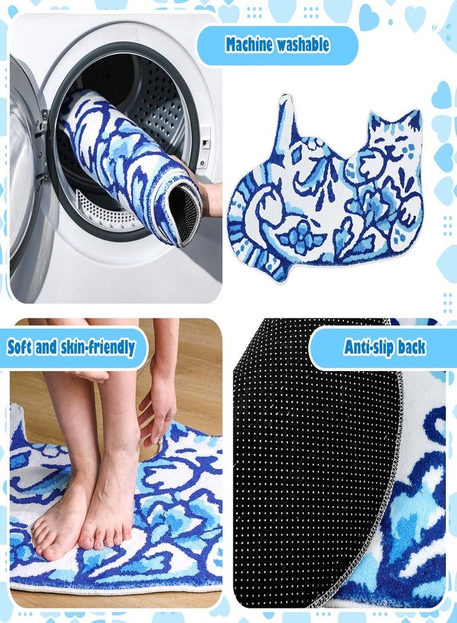 Tinideya Delft Cat Shape Bath Rug Cat Shaped Bathroom Mat 23" x 32" Rugs for Home Decor Cute Soft Tufted Mats Non Slip Absorbent Floor Carpet for Bedroom Porch Kitchen(Blue) - Image 2
